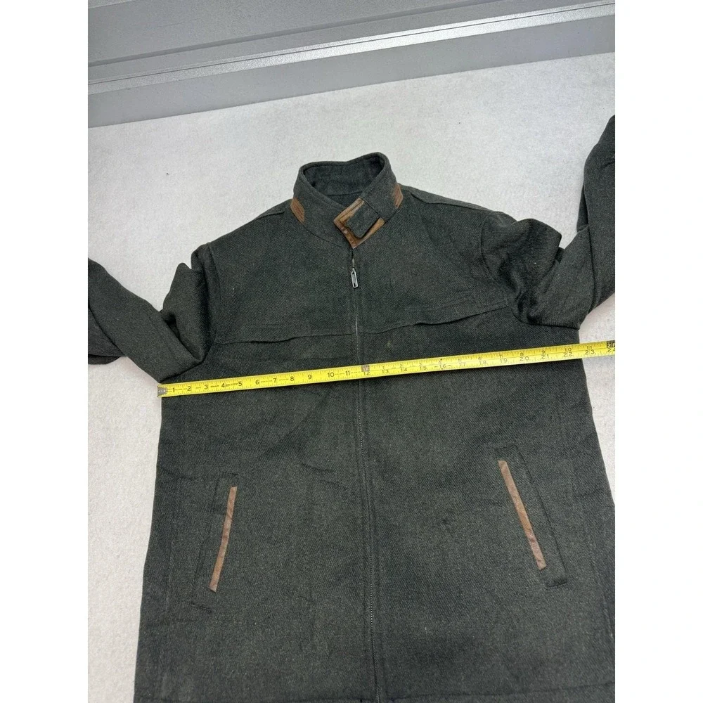 Enzo Tovare Jacket Mens Large Green Wool Herringbone Military Zip Buckle Collar